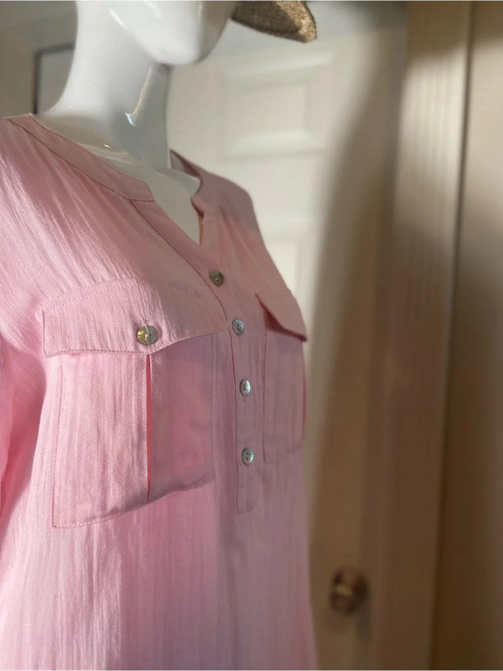 Kori~Light Pink-1/2 Button-Front~Popover~Blouse~Long Sleeve~Chest Pockets~Size L